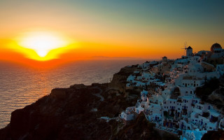 Sunset village cliff ocean windmill 2 - sunset free wallpaper