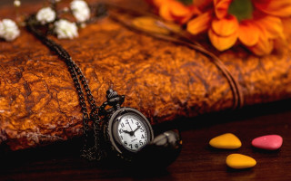 Pocket watch candy flowers leather - photorealistic imagery free wallpaper for desktop