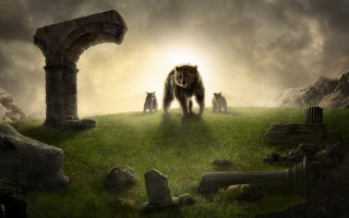 Animals stone arch green field - a group of animals free wallpaper