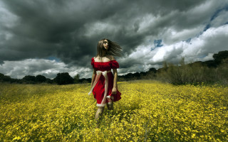 Woman red dress flower field 5 - brooke shaden free wallpaper