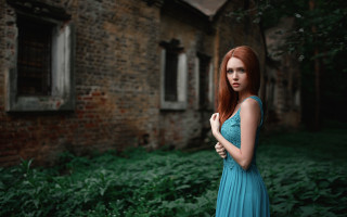 Woman blue dress brick building 2 - anka zhuravleva free wallpaper