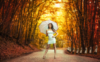 Woman white dress umbrella autumn - a white dress holding free wallpaper