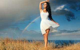 Woman white dress field rainbow 2 - a dark cloud in the sky free wallpaper