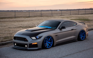 Mustang blue rims roadside dawn - sunset free wallpaper
