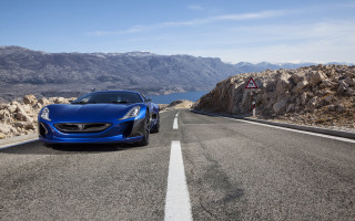 Blue sports car mountain road 2 - a lake and mountains free wallpaper