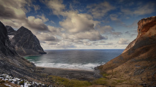 Mountain lake rockycliff sunset outdoors - ultra wide angle free wallpaper