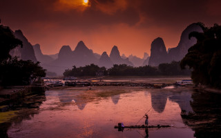 Boat water mountains sunset people - a few person free wallpaper
