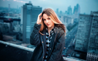 Woman black jacket cityscape bridge - alena aenami free wallpaper