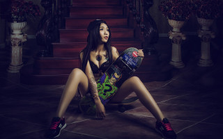 Woman sitting skateboard hat fashion - a skateboard free wallpaper