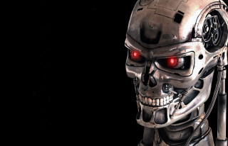 Robot red eyes helmet dark - cyberpunk art free wallpaper