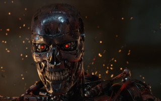 Robot skull red eyes cybernetic - beeple free wallpaper