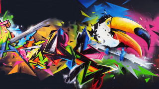 Colorful graffiti toucan planet glowing - graffiti paint free wallpaper