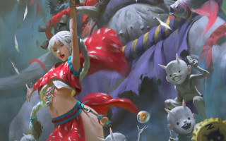 Woman red dress cats dragon - a fantasy setting free wallpaper