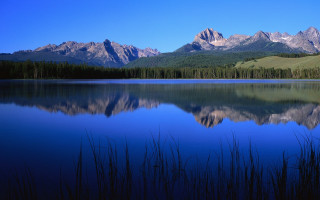 Lake mountains foreground trees bench - ansel adams free wallpaper