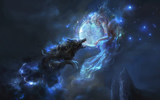 Wolf attack night moon stars - full free wallpaper