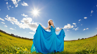 Woman blue dress field sun - an airbrush painting free wallpaper for desktop