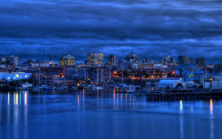 City skyline harbor boat night - everett warner free wallpaper