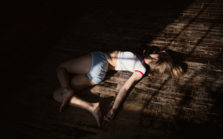Woman laying white shirt blue - drew tucker free wallpaper