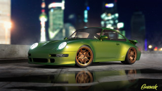 Green car night city lights - art green free wallpaper