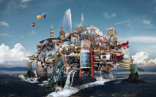 Floating city waterfall balloons beach - chris labrooy free wallpaper