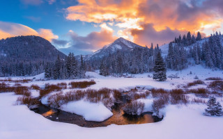 Snowy landscape mountains stream sunset - sunset free wallpaper