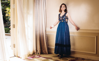 Woman blue dress window curtains - arabella rankin free wallpaper