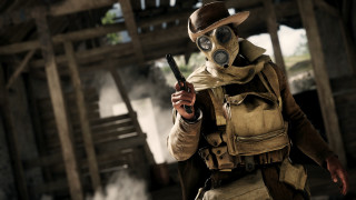 Gas mask man building smoke - cinematic focus free wallpaper