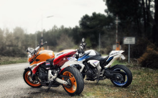 Motorcycles forest road sign tiltshift - foto realistic free wallpaper
