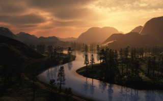 River forest sunset mountains cityscape 2 - a lush green forest under a cloudy sky free wallpaper
