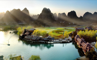 Village lake mountains trees boat - the shore free wallpaper