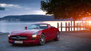 Red sports car cobblestone lake - sunset free wallpaper for desktop