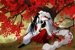 Anime couple fall leaves forest - red leaf free wallpaper