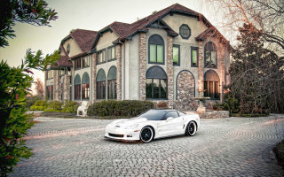 White sports car brick driveway - luxury free wallpaper
