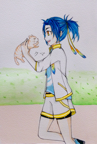 Blue haired girl holding cats - watercolor free wallpaper