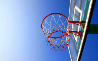 Basketball hoop blue sky green - a white line free wallpaper
