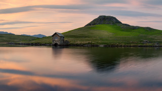 House hill lake mountain sunset - a house free wallpaper
