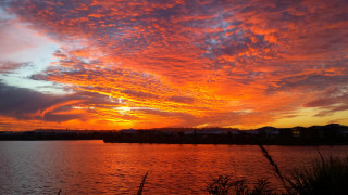 Sunset water clouds building horizon - vibrant colour free wallpaper
