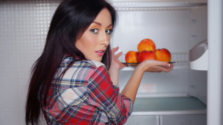 Woman orange refrigerator checkered food - the door open free wallpaper