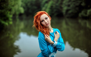 Red haired woman river blue - a river free wallpaper