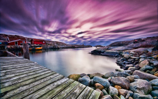 Dock red house rocky shore - a red house free wallpaper