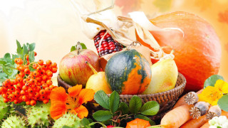Basket fruit vegetables flowers leaves - fall vibrancy free wallpaper