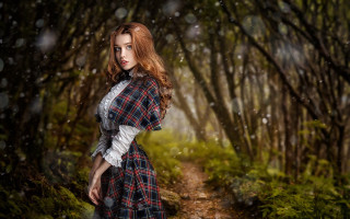 Gothic forest woman plaid dress - tree and grass free wallpaper