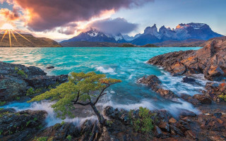 Tree water rocks mountains sunset 2 - derek chittock free wallpaper