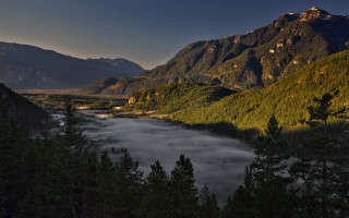 River mountains trees fog landscape - a fog free wallpaper