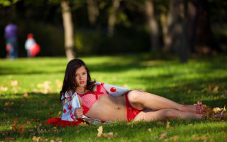 Red bikini woman kite outdoors - a park free wallpaper