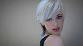 Blonde woman blue eyes black 9 - a black top free wallpaper