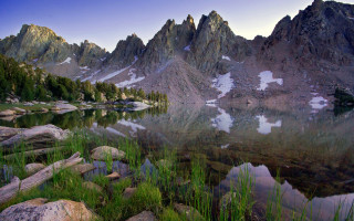 Mountain lake rocks grass snow - ansel adams free wallpaper
