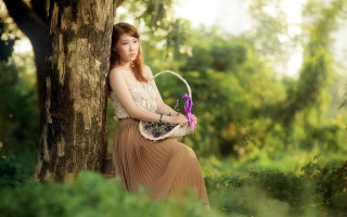 Woman dress basket forest portrait - a basket of flowers free wallpaper