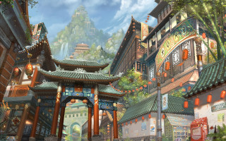 Chinese village clock tower pagoda - roof free wallpaper