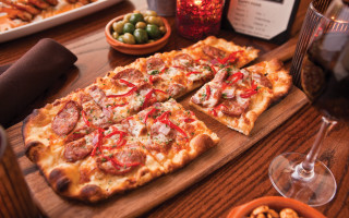 Pizza cheese pepperoni wood wine - a glass of wine and a bottle of wine free wallpaper